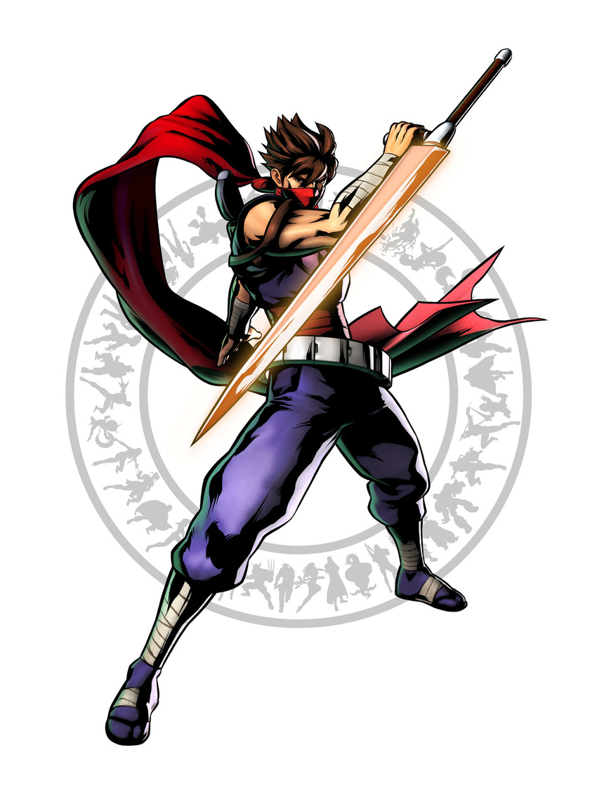 brown_hair energy_sword highres male_focus marvel_vs._capcom marvel_vs._capcom_3 mori_toshiaki ninja official_art plasma_sword red_scarf scarf science_fiction solo strider_(video_game) strider_hiryuu sword tonfa weapon