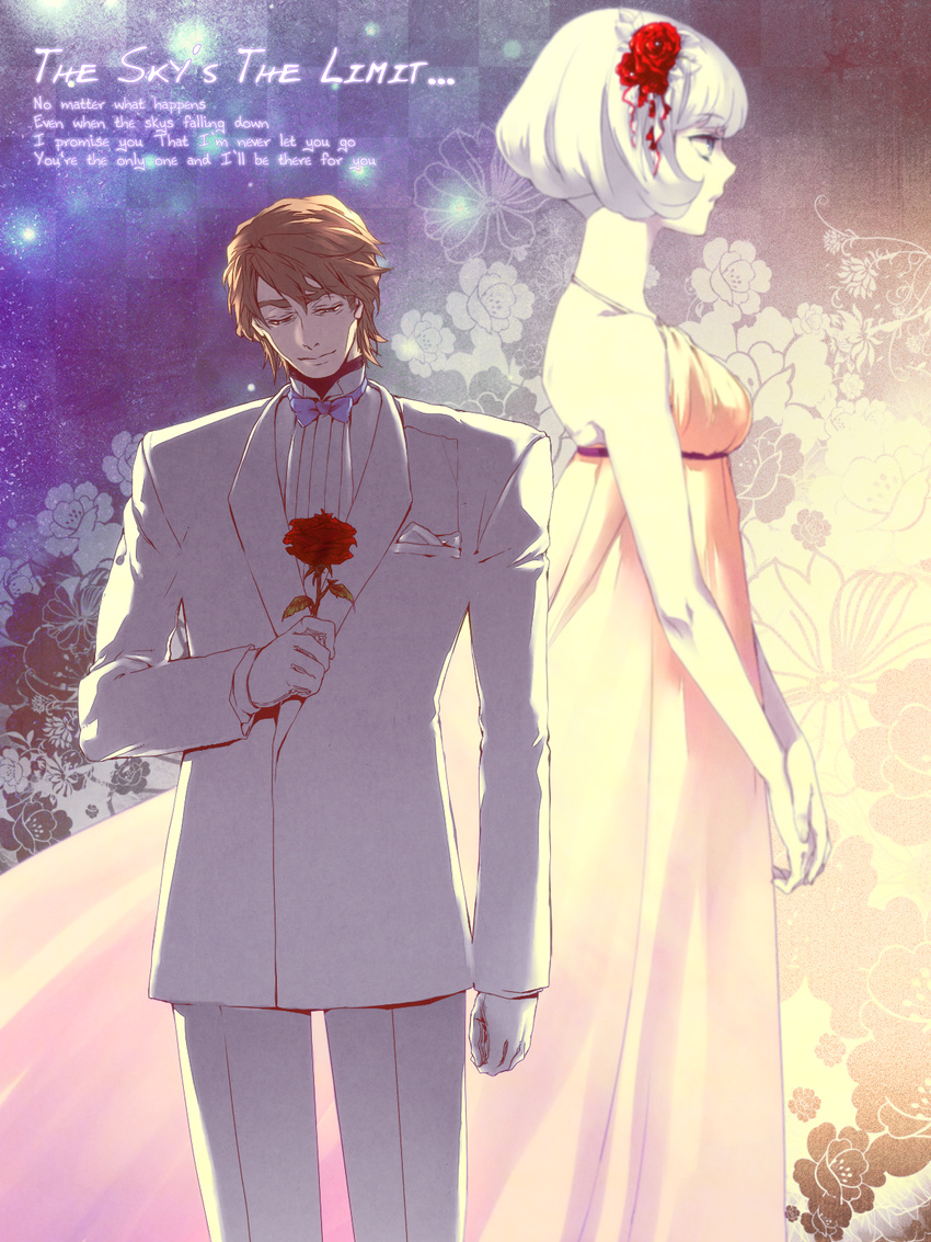 1girl bad_id bad_pixiv_id bare_shoulders blonde_hair blue_eyes blurry bob_cut bow bowtie cis_(tiger_&amp;_bunny) depth_of_field dress english flower formal gloves hair_ornament highres keith_goodman rose scr.e short_hair suit tiger_&amp;_bunny white_hair