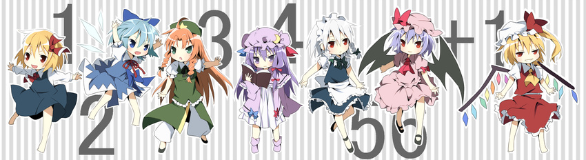 ascot bad_id bad_pixiv_id bare_legs barefoot bat_wings blonde_hair blue_eyes blue_hair blush book bow braid brown_hair cirno crescent dress everyone flandre_scarlet green_eyes grin hair_bow hair_ribbon hat highres hong_meiling izayoi_sakuya kako11 long_hair maid maid_headdress mary_janes multiple_girls no_socks open_mouth outstretched_arms patchouli_knowledge purple_eyes purple_hair red_eyes remilia_scarlet ribbon rumia shoes short_hair side_ponytail silver_hair smile spread_arms star the_embodiment_of_scarlet_devil touhou twin_braids wings