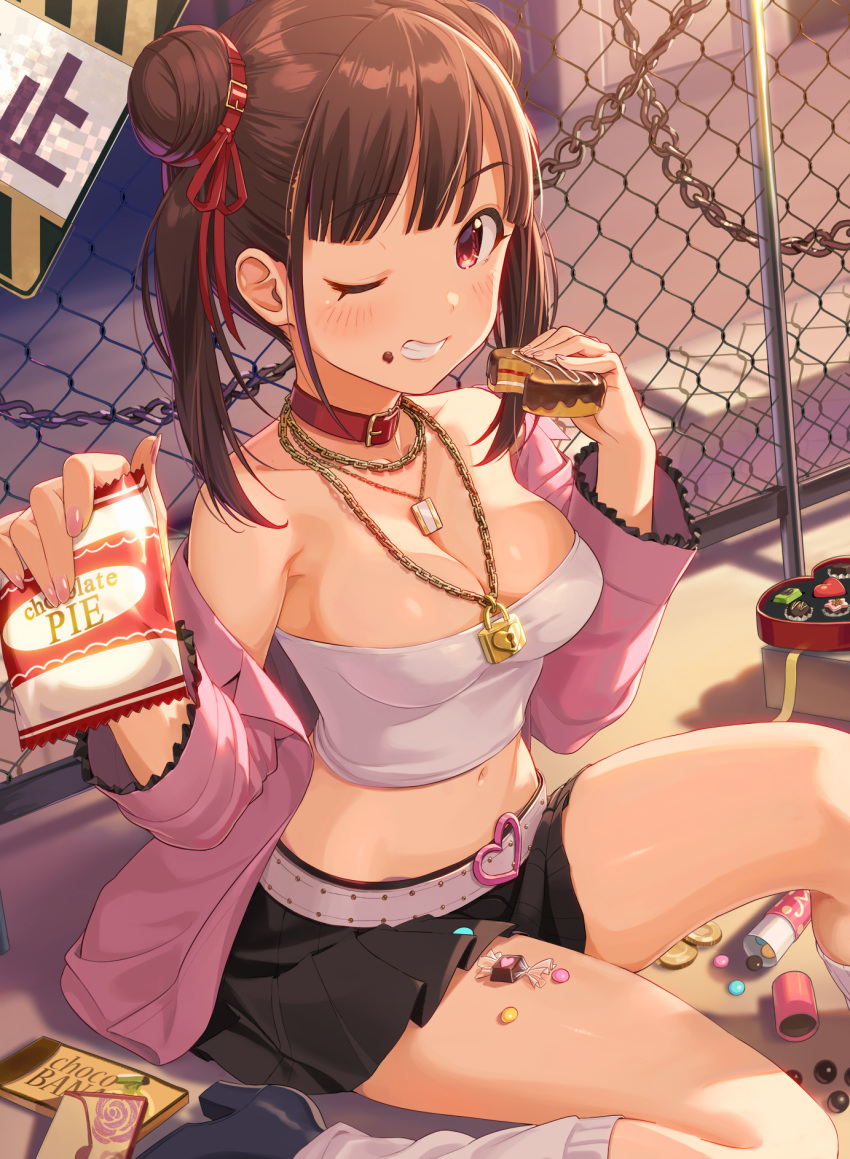 1girl bangs bare_shoulders belt black_footwear black_skirt blush breasts brown_hair candy chain-link_fence chains chocolate cleavage collar collarbone commentary_request crop_top double_bun eyebrows_visible_through_hair fence food food_on_face grin high_heels highres holding idolmaster idolmaster_shiny_colors jacket jewelry joey_koguma kneehighs lock long_hair long_sleeves looking_at_viewer medium_breasts midriff miniskirt navel necklace off_shoulder one_eye_closed open_clothes open_jacket outdoors padlock pleated_skirt red_eyes shoes sitting skirt smile solo sonoda_chiyoko strapless teeth thighs twintails white_legwear