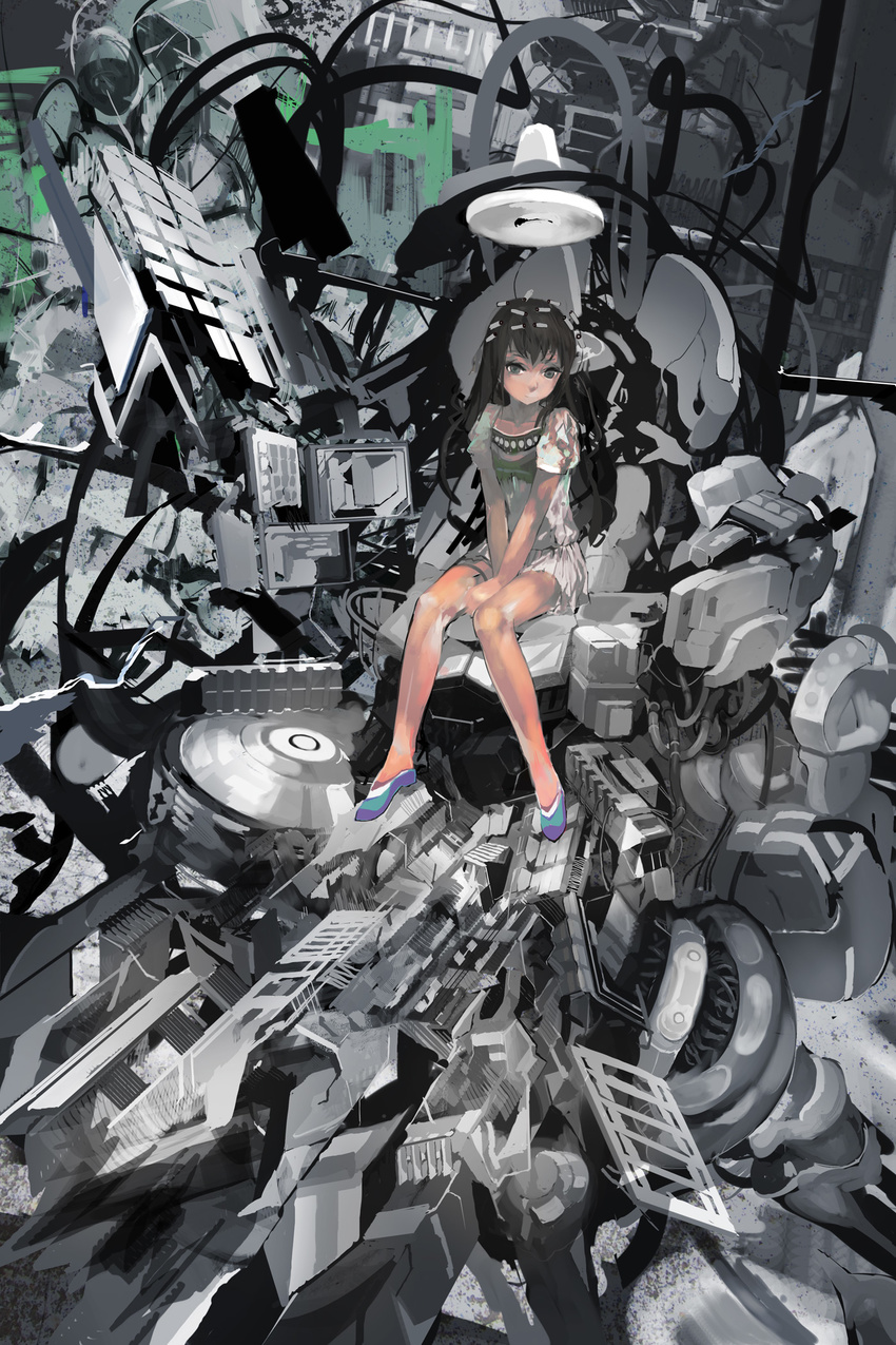 between_thighs black_eyes black_hair dress highres long_hair original sitting solo uturo v_arms