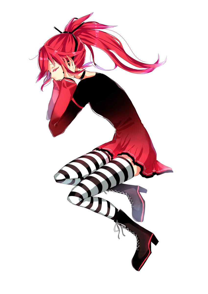 absurdres boots closed_eyes cosplay cul dress full_body headphones highres long_hair ponytail red_hair simple_background solo striped striped_legwear thighhighs vient vocaloid vy1 vy1_(cosplay)