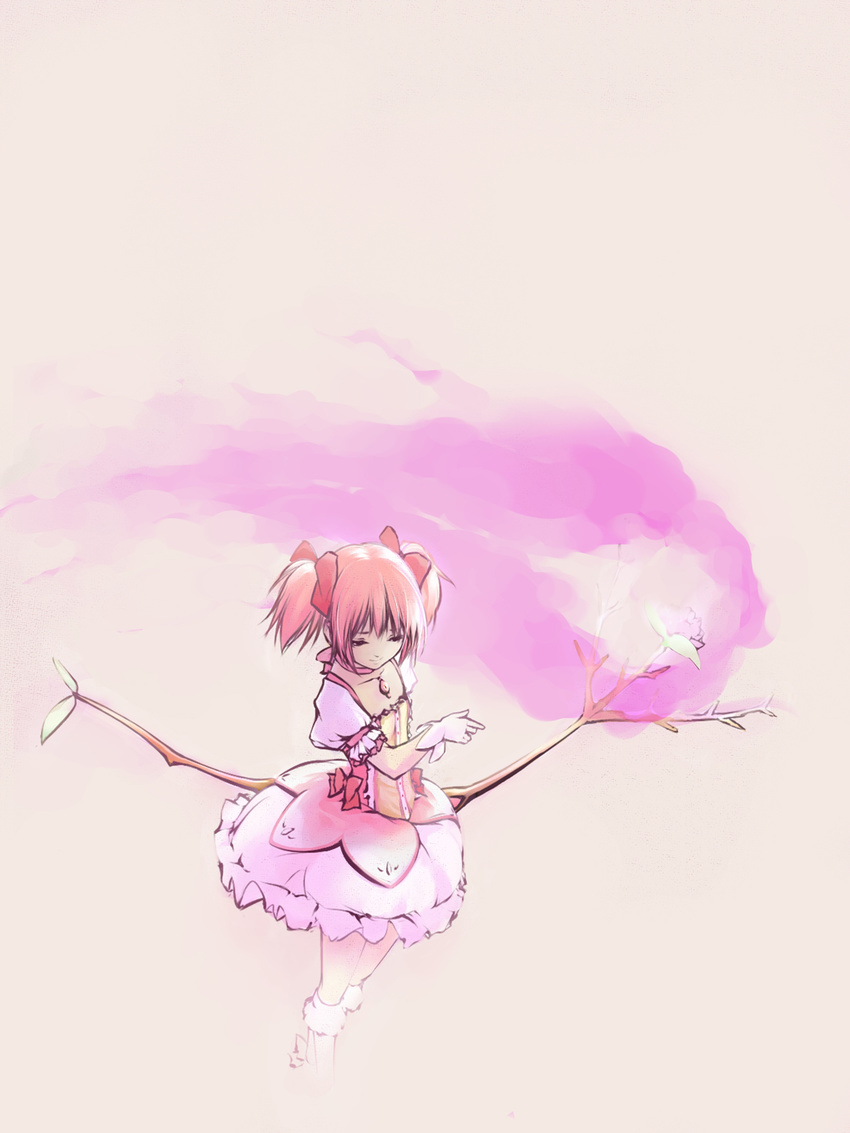 bow bow_(weapon) gloves hair_ribbon highres kaname_madoka koharu_nosuke magical_girl mahou_shoujo_madoka_magica pink_hair ribbon short_hair short_twintails solo twintails weapon