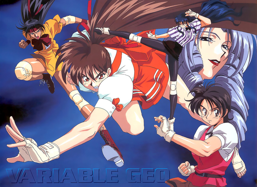 90s black_eyes black_hair blue_hair brown_eyes brown_hair drill_hair fingerless_gloves glasses gloves grin headband jahana_reimi kicking kimura_takahiro kubota_jun lipstick long_hair makeup multiple_girls official_art open_mouth orange_skirt pantyhose red_eyes silver_hair skirt smile takeuchi_yuka toes variable_geo waitress yajima_satomi yanase_kaori