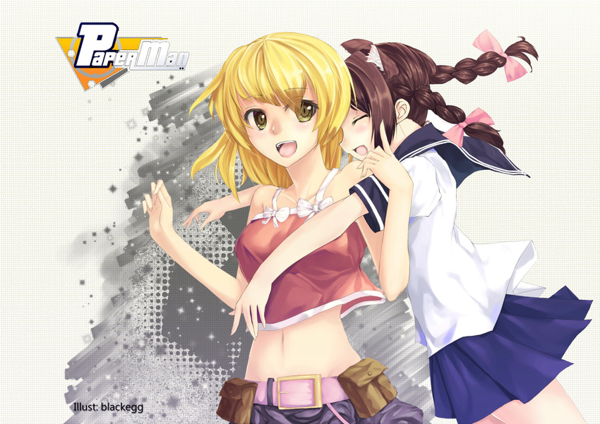 :d animal_ears bare_shoulders belt belt_pouch blackegg blonde_hair blush bow braid brown_hair closed_eyes collarbone crop_top hair_bow hug hug_from_behind midriff multiple_girls navel open_mouth paper_man pleated_skirt pouch school_uniform serafuku short_hair skirt smile twin_braids twintails yellow_eyes