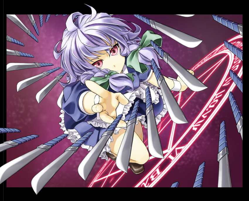 alto-00 braid highres izayoi_sakuya knife magic_circle red_eyes silver_hair solo too_many too_many_knives touhou