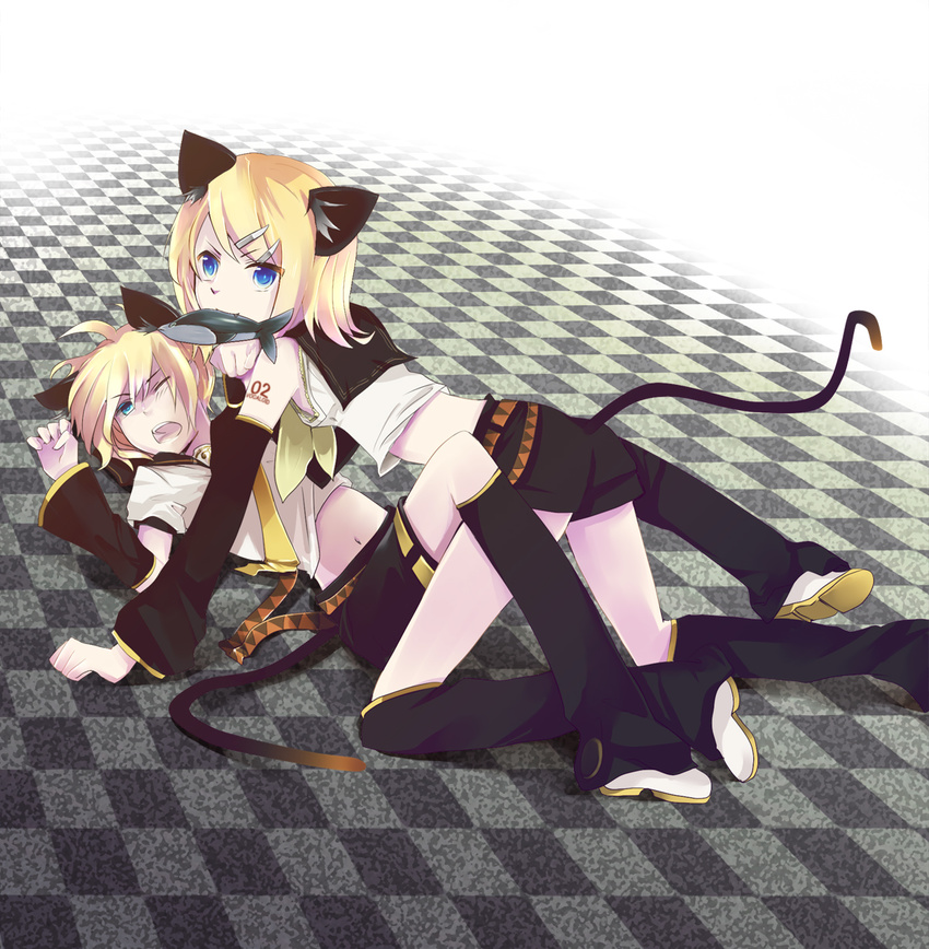 1girl all_fours animal_ears bad_id bad_pixiv_id blonde_hair blue_eyes brother_and_sister cat_ears cat_tail fang fish girl_on_top hair_ornament hairclip highres kagamine_len kagamine_rin kaisaki kemonomimi_mode lying mouth_hold on_back one_eye_closed short_hair shorts siblings smile tail twins vocaloid