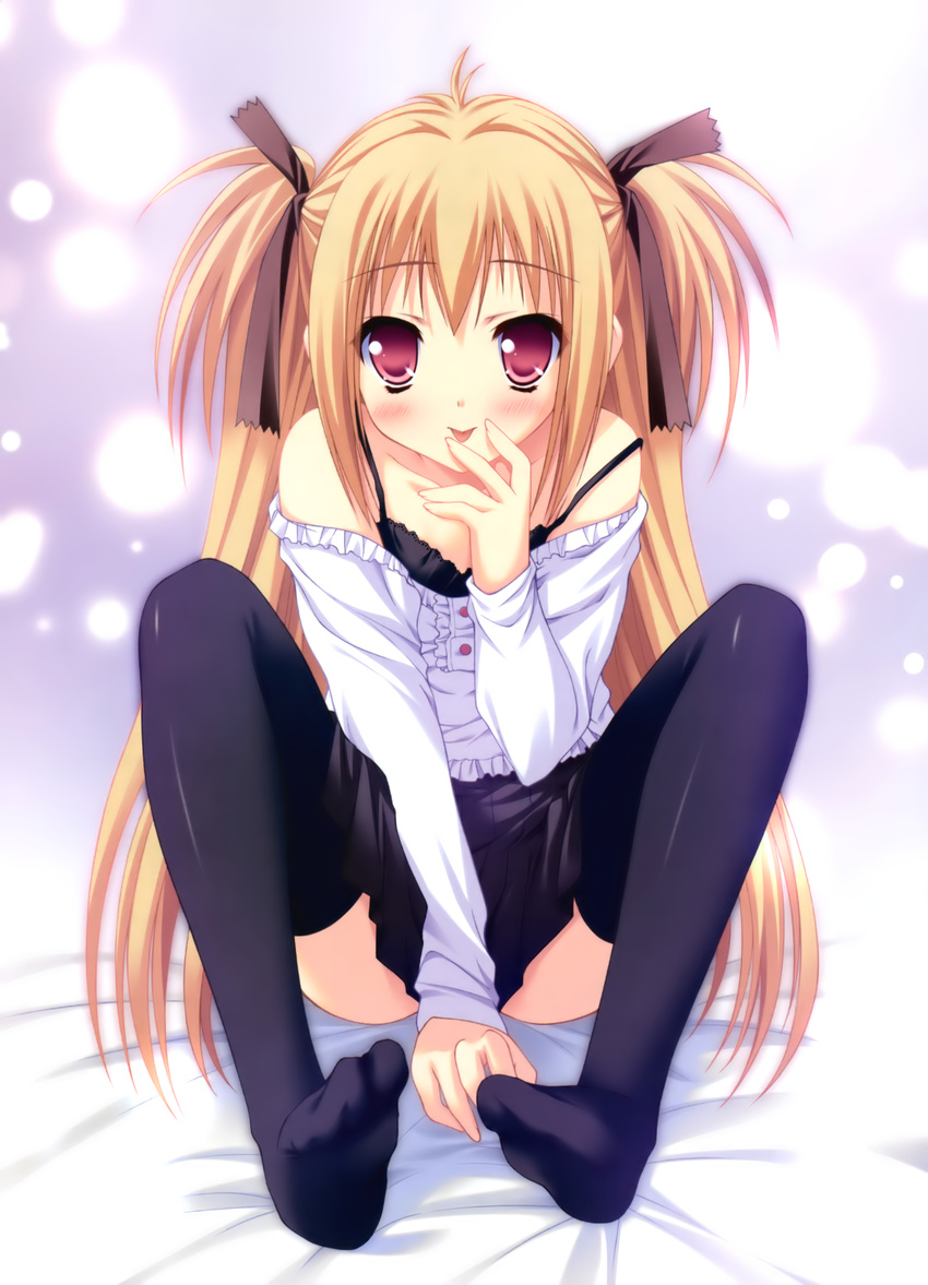 :p absurdres black_legwear blonde_hair blush camisole copyright_request feet hair_ornament hair_ribbon highres long_hair moekibara_fumitake off_shoulder red_eyes ribbon scan sitting skirt solo sweater thighhighs tongue tongue_out very_long_hair