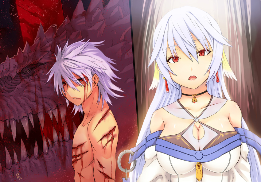 1girl albino bad_id bad_pixiv_id blood breasts choker deep_wound dragon earrings injury jewelry large_breasts long_hair necklace original red_eyes shirtless slit_pupils spiked_hair white_hair zhen_lu