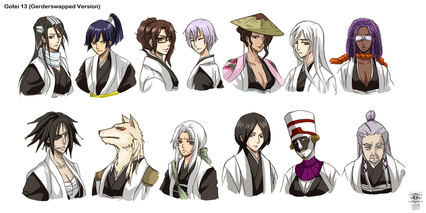 6+girls aizen_sousuke black_hair bleach blue_hair breasts cleavage furry genderswap glasses goggles haori highres hitsugaya_toushirou ichimaru_gin japanese_clothes komamura_sajin kuchiki_byakuya kurotsuchi_mayuri kyouraku_shunsui medium_breasts multiple_boys multiple_girls ponytail purple_hair rosel-d sarashi sui-feng taichou_haori tan tousen_kaname ukitake_juushirou unohana_retsu white_hair yamamoto-genryuusai_shigekuni zaraki_kenpachi