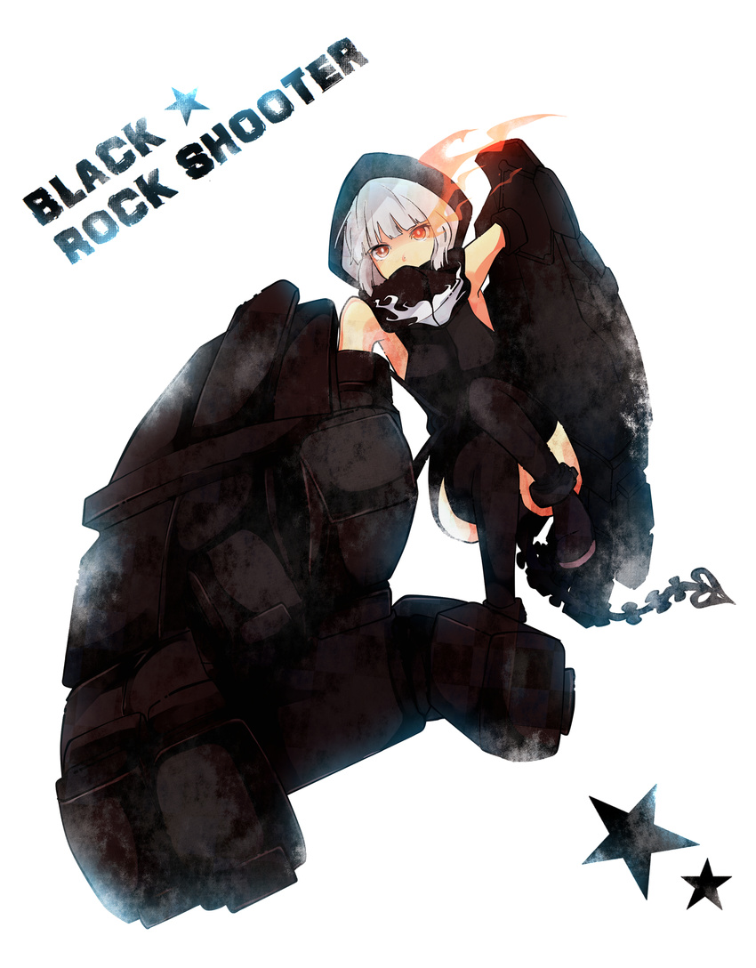 bad_id bad_pixiv_id black_rock_shooter burning_eye glowing glowing_eyes highres hood hoodie mechanical_arm orange_eyes short_hair solo strength_(black_rock_shooter) tail thighhighs white_hair zombie_neko