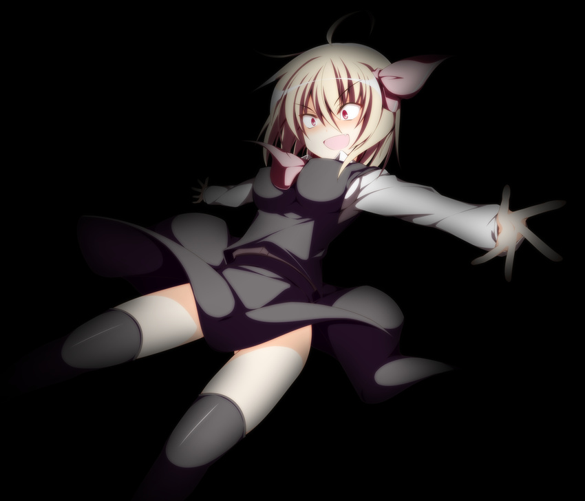 black_background black_legwear blonde_hair breasts fang grin hair_ribbon highres large_breasts older open_mouth outstretched_arms red_eyes ribbon rumia sakurame skirt smile solo spread_arms thighhighs touhou