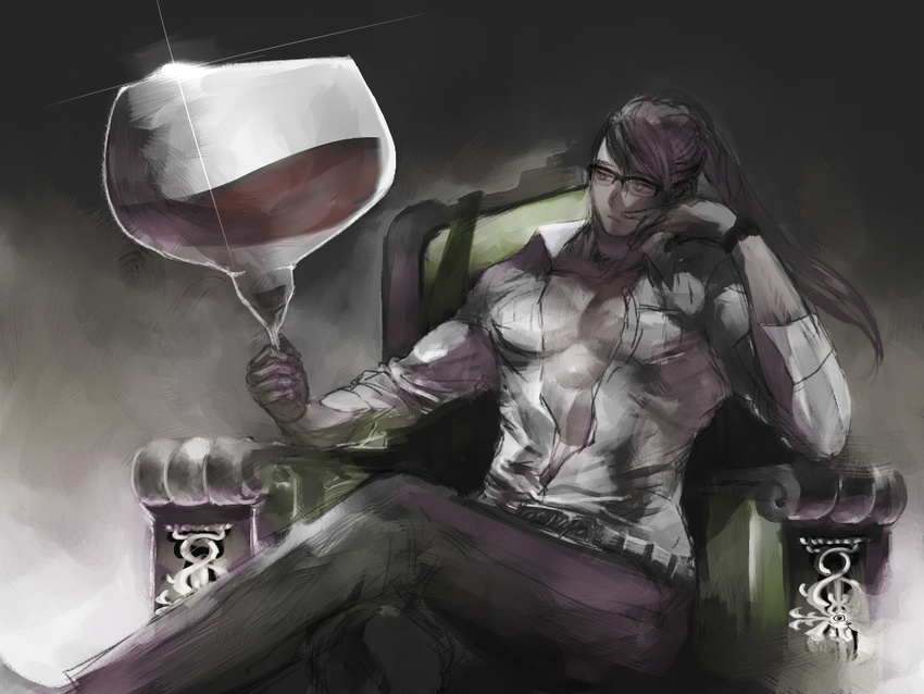 alcohol crossed_legs cup drinking_glass glass glasses homex kamui_gakupo long_hair male_focus oversized_object sitting solo throne vocaloid what_is_a_man? wine wine_glass