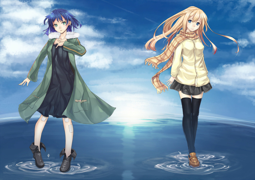 bandages blackegg blonde_hair blue_eyes blue_hair boots cloud collarbone day dress hand_on_own_chest loafers long_coat long_hair multiple_girls perfect_day_(supercell) pigeon-toed scarf shoes short_hair skirt sky smile standing standing_on_liquid sun supercell thighhighs zettai_ryouiki