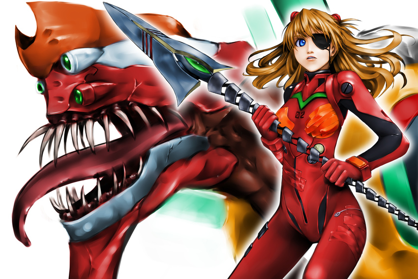bad_id bad_pixiv_id bangs blue_eyes bodysuit bracer brown_hair cowboy_shot eva_02 evangelion:_3.0_you_can_(not)_redo eyepatch fangs floating_hair gem gloves hair_ornament headgear holding holding_weapon long_hair long_tongue mecha moyashi-style neon_genesis_evangelion number outline parted_lips pilot_suit plugsuit polearm rebuild_of_evangelion sharp_teeth shikinami_asuka_langley souryuu_asuka_langley spear spear_of_cassius standing tape teeth tongue tongue_out turtleneck two_side_up weapon
