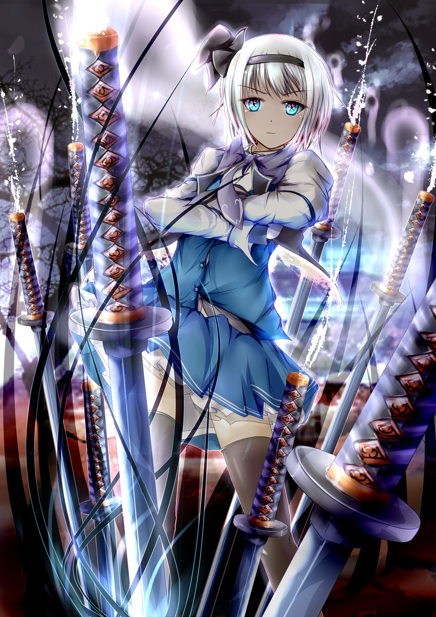 absurdres aura black_hairband black_legwear blue_eyes bow crossed_arms dress_shirt garyljq glowing hair_bow hairband highres katana konpaku_youmu magic necktie planted_sword planted_weapon shirt silver_hair skirt solo sword symbol-shaped_pupils thighhighs touhou vest weapon white_hair zettai_ryouiki