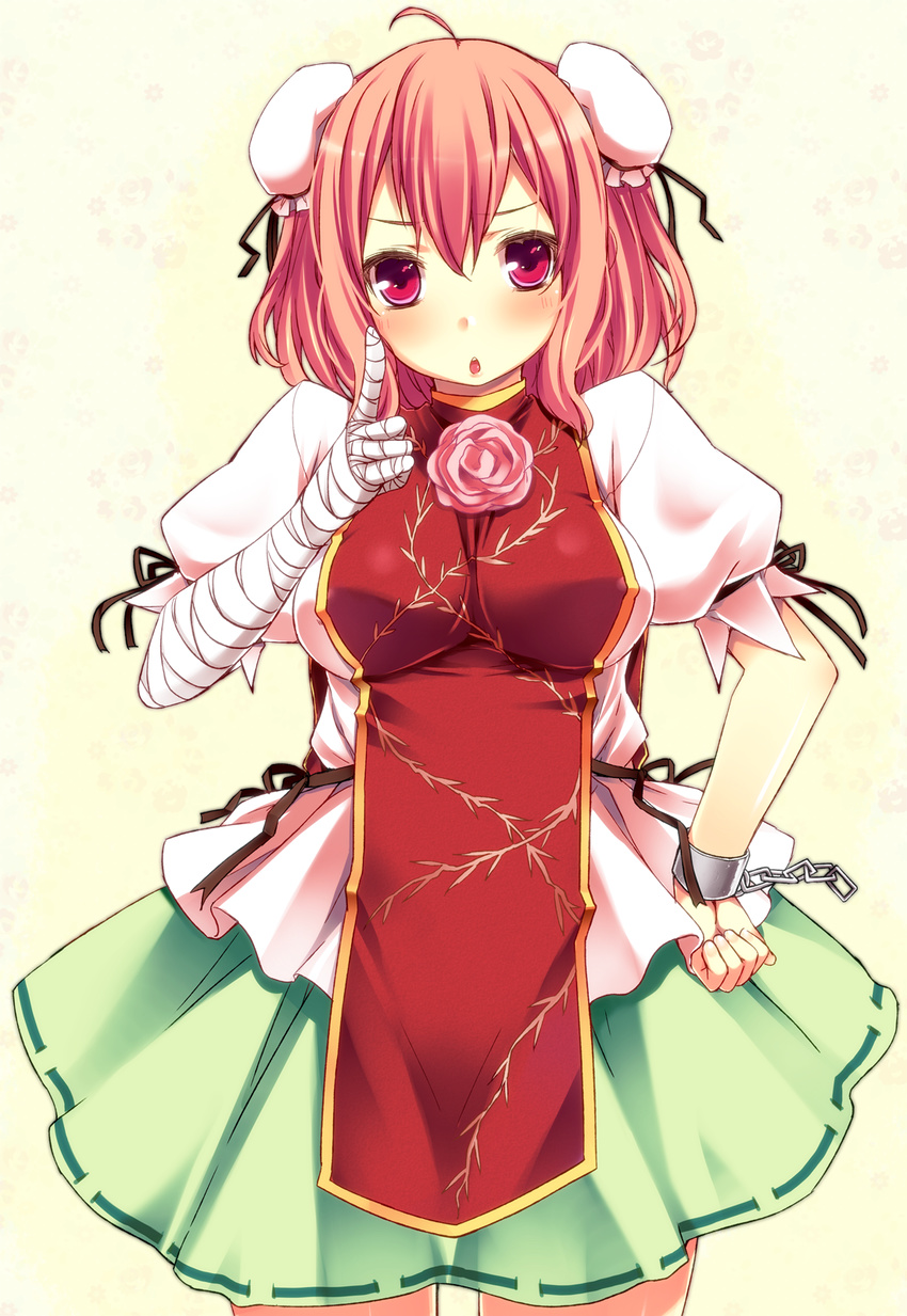 :o bandages bun_cover chain chinese_clothes cuffs double_bun flower hand_on_hip highres ibaraki_kasen index_finger_raised kaneru pink_hair red_eyes rose short_hair skirt solo touhou