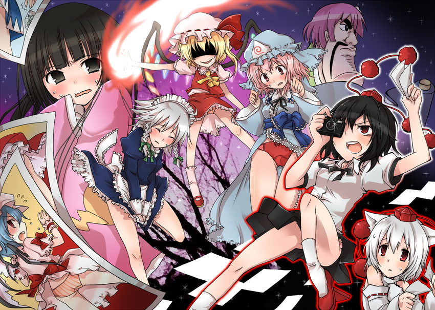 6+girls bad_id bad_pixiv_id black_eyes black_hair blonde_hair blue_hair camera cirno commentary_request flandre_scarlet geta grey_hair hieda_no_akyuu houraisan_kaguya innocent_key inubashiri_momiji izayoi_sakuya kabushiki_souko multiple_girls panties pantyshot paparazzi pink_eyes pink_hair remilia_scarlet saigyouji_yuyuko shameimaru_aya sitting skirt skirt_tug sound_horizon tengu-geta touhou underwear white_hair