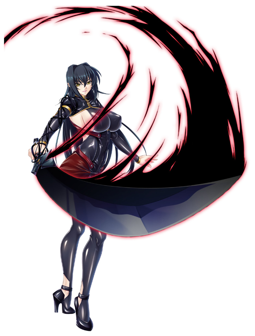 1girl annerose_vajra black_hair breasts elf erect_nipples full_body kagami_hirotaka katana koutetsu_no_majo_annerose koutetsu_no_majo_anneroze large_breasts legs lilith-soft long_hair looking_at_viewer pointy_ears sideboob smile solo standing sword weapon yellow_eyes