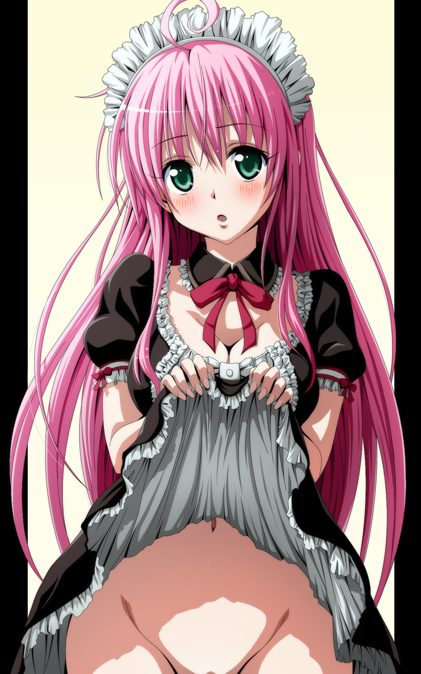 ahoge anime_coloring aqua_eyes blush breasts cleavage colorized detached_collar dress dress_lift fingernails frills groin highres lala_satalin_deviluke large_breasts long_hair maid maid_headdress navel no_panties open_mouth out-of-frame_censoring pink_hair ribbon simple_background solo to_love-ru to_love-ru_darkness toshi_(anime_coloring) vector_trace yabuki_kentarou