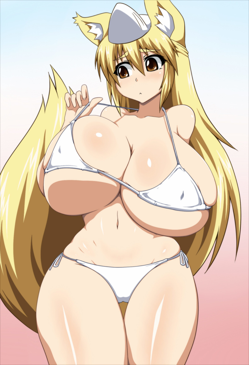 :&lt; animal_ears bikini blonde_hair breast_lift breasts brown_eyes curvy fox fox_ears fox_mask fox_tail gigantic_breasts hat highres hips huge_breasts long_hair mask mound_of_venus navel pepo pepo_(absolute1123) simple_background solo standing string_bikini swimsuit tail thigh_gap thighs white_bikini white_swimsuit wide_hips