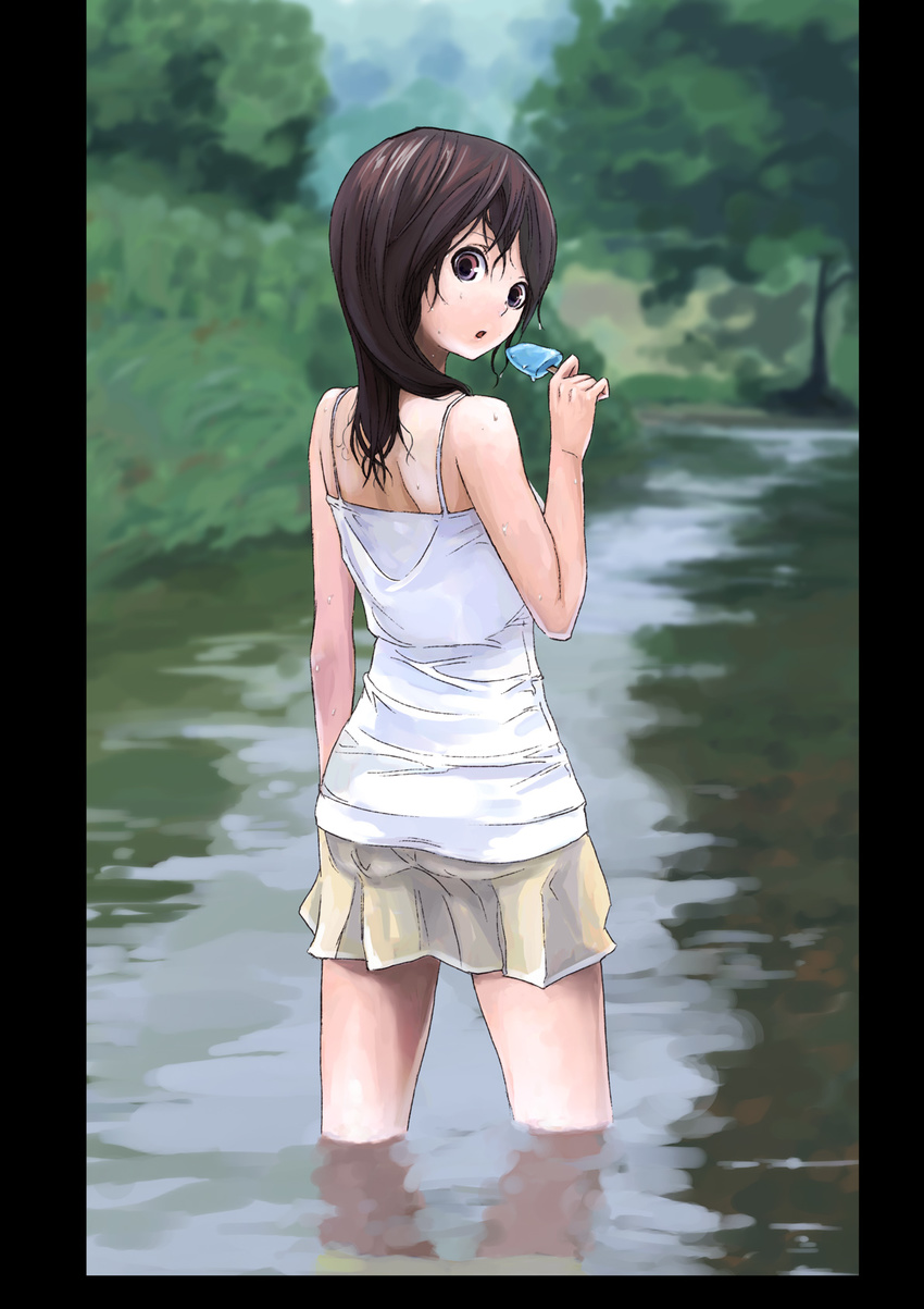 bare_shoulders brown_hair casual food highres looking_back original popsicle skirt solo tank_top tanuki91 tree water wet wet_clothes