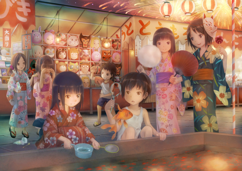 5girls aerial_fireworks apple black_hair blue_hair bow brown_eyes brown_hair candy_apple cotton_candy fan festival fireworks fish flower food fruit geta goldfish goldfish_scooping hair_bow hair_ornament hat highres japanese_clothes kimono lantern mask multiple_boys multiple_girls original paper_fan poi_(goldfish_scoop) ribbon sandals shaved_ice shorts sleeveless taka_(tsmix) uchiwa yukata