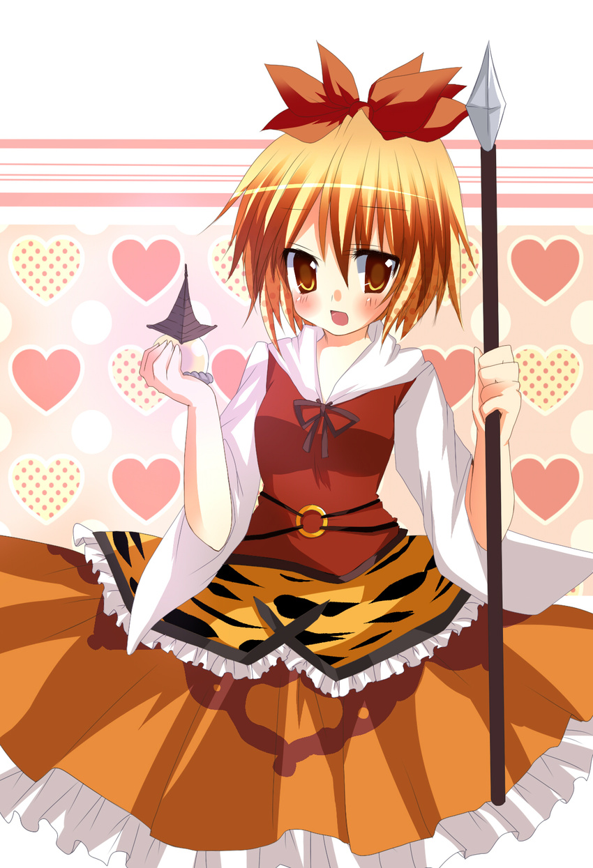 animal_print bad_id bad_pixiv_id bishamonten's_pagoda blonde_hair blush fujishiro_emyu hair_ornament heart highres polearm solo spear tiger_print toramaru_shou touhou weapon yellow_eyes