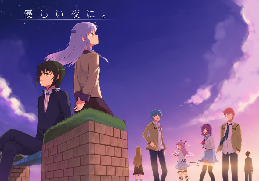 3girls angel_beats! arms_behind_back bad_id bad_pixiv_id bench blonde_hair blue_hair cloud crossed_legs demon_tail extra from_behind green_hair hair_ornament hiiro_5-sai hinata_(angel_beats!) long_hair looking_back multiple_boys multiple_girls naoi_ayato necktie no_hat no_headwear otonashi_(angel_beats!) pink_hair purple_hair school_uniform serafuku shinda_sekai_sensen_uniform short_hair silver_hair sitting sky smile tail tenshi_(angel_beats!) thighhighs twintails uniform yui_(angel_beats!) yuri_(angel_beats!)