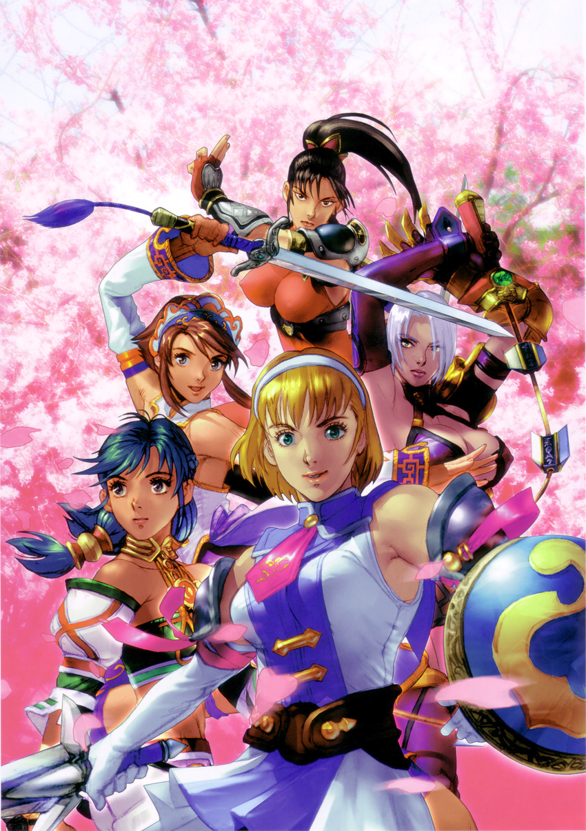 absurdres arms_up bare_shoulders black_hair blonde_hair breasts brown_hair cassandra_alexandra chai_xianghua cherry_blossoms collage dark_skin detached_sleeves elbow_gloves gloves green_hair hairband headdress highres isabella_valentine kawano_takuji large_breasts long_hair medium_breasts midriff multiple_girls necktie official_art pantyhose pink_neckwear ponytail shield short_hair soulcalibur soulcalibur_ii sword taki_(soulcalibur) talim twintails weapon whip_sword white_hair