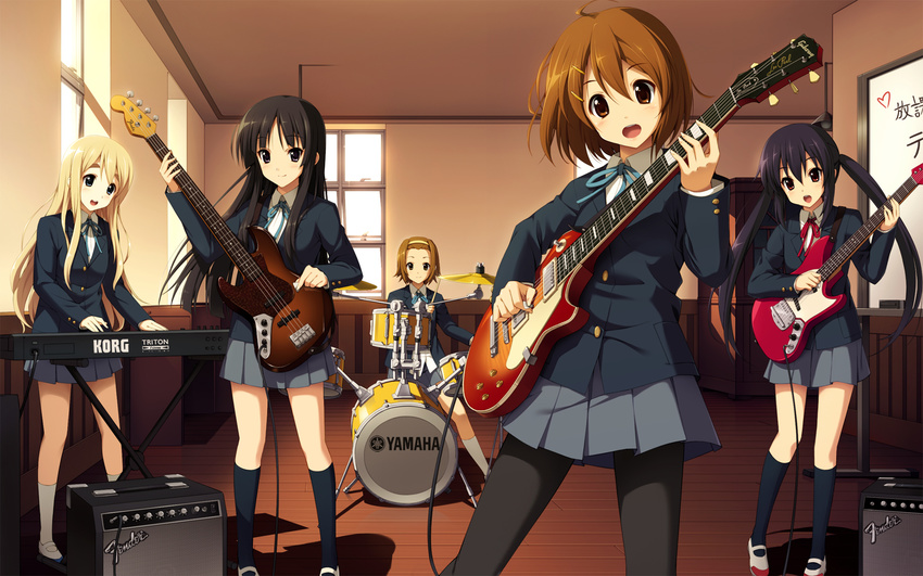 akiyama_mio bass_guitar blush cygnus_(cygnus7) drum electric_guitar fender_mustang guitar hairband highres hirasawa_yui instrument jazz_bass k-on! keyboard_(instrument) kotobuki_tsumugi les_paul long_hair multiple_girls nakano_azusa open_mouth pantyhose revision round_teeth school_uniform smile tainaka_ritsu teeth thighhighs twintails very_long_hair