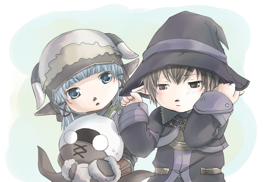 1girl beastmaster_(final_fantasy) black_mage blue_eyes blue_hair blush brown_eyes brown_hair final_fantasy final_fantasy_xi hat hat_tug horns kujimaru mandragora_(final_fantasy) pointy_ears short_hair tarutaru witch_hat