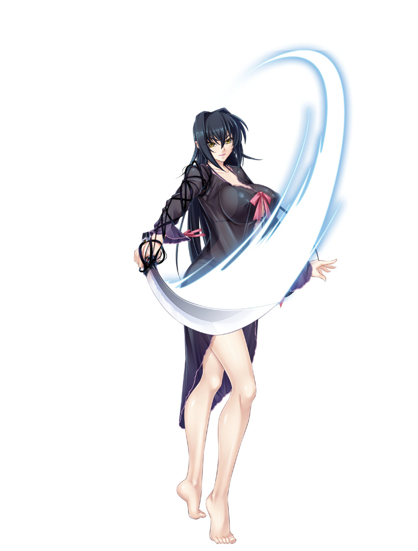 1girl annerose_vajra black_hair breasts elf erect_nipples full_body kagami_hirotaka katana koutetsu_no_majo_annerose koutetsu_no_majo_anneroze large_breasts legs lilith-soft long_hair looking_at_viewer pointy_ears sideboob smile solo standing sword weapon yellow_eyes