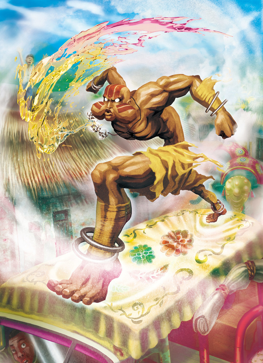 breathing_fire dark_skin dark_skinned_male dhalsim fire highres india jewelry multiple_boys muscle necklace official_art puffy_cheeks skull skull_necklace street_fighter street_fighter_x_tekken