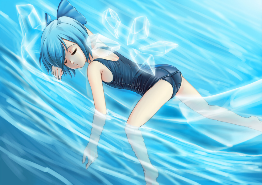 afloat banana bare_legs blue_hair bow cirno closed_eyes food fruit hair_bow lying on_banana on_stomach one-piece_swimsuit partially_submerged raybar school_swimsuit short_hair sleeping solo swimsuit touhou water