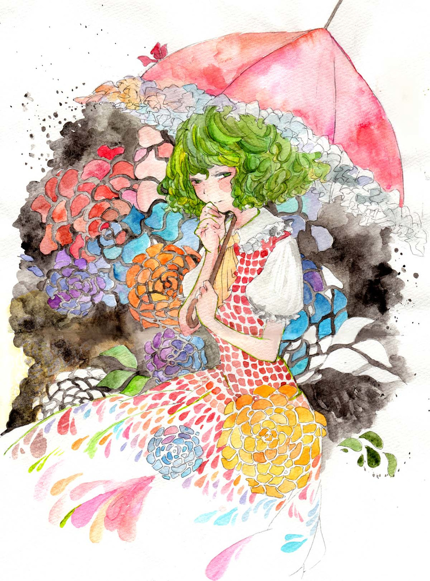 conose dress floral_print flower green_eyes green_hair hand_on_own_face highres kazami_yuuka parasol polka_dot polka_dot_dress red_dress short_hair solo touhou traditional_media umbrella watercolor_(medium)