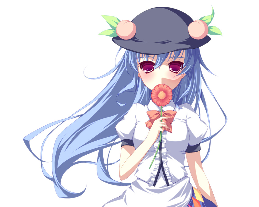 bad_id bad_pixiv_id blue_hair blush bow covering_mouth dress_shirt floating_hair flower food fruit hat highres hinanawi_tenshi holding holding_flower kabata_(mechisan) long_hair peach purple_eyes shirt short_sleeves simple_background solo touhou upper_body