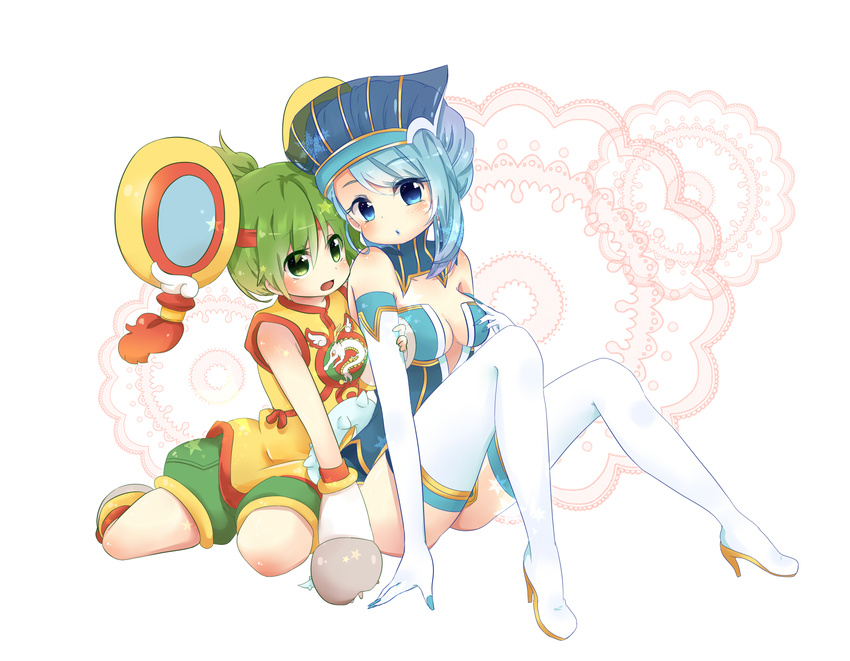 bad_id bad_pixiv_id bare_shoulders blue_eyes blue_hair blue_rose_(tiger_&amp;_bunny) boots breasts chinese_clothes cleavage detached_sleeves dragon_kid earrings elbow_gloves fingernails gloves green_eyes green_hair high_heels highres huang_baoling jewelry karina_lyle kofa_(ikyurima) lipstick makeup medium_breasts multiple_girls ponytail shoes short_hair shorts superhero thigh_boots thighhighs tiger_&amp;_bunny