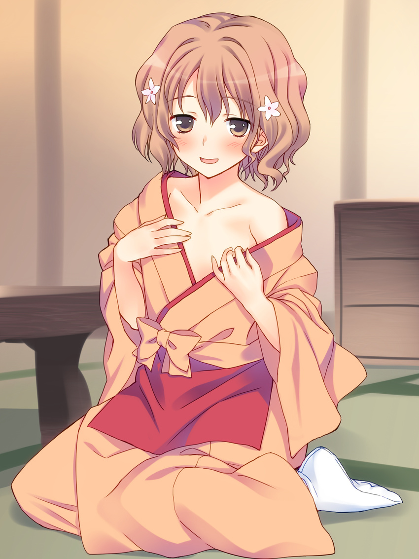 blush flower hair_flower hair_ornament hanasaku_iroha highres japanese_clothes kimono kissuisou_uniform matsumae_ohana nakai_(waitress) off_shoulder short_hair sitting smile solo tabi undressing yuuki_keisuke