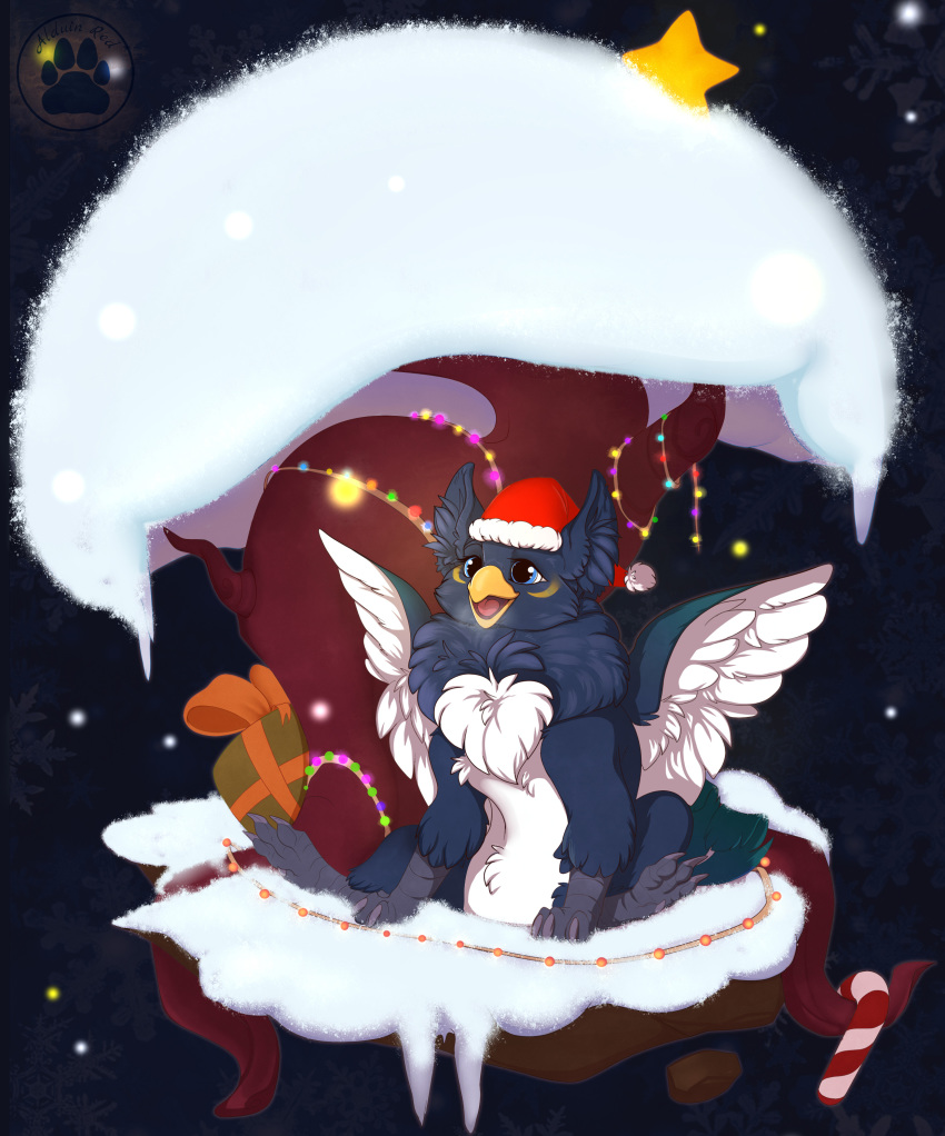 alduinred avian azukipuddles beak bird blue_eyes breath candy candy_cane chest_tuft christmas detailed_backgroun detailed_background feathered_wings feathers female feral fluffy food gift gryphon happy holidays lights night sitting snow spread_wings star tree tuft wings winter yellow-billed_magpie yellow_beak