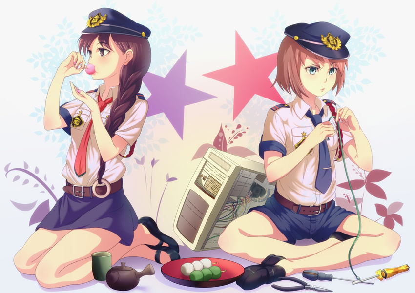 2girls blue_eyes brown_hair computer eating frown hat highres kamogawa_shuujin long_hair mary_janes multiple_girls nail_polish necktie original police police_uniform ponytail purple_eyes shoes short_hair shorts sitting skirt uniform