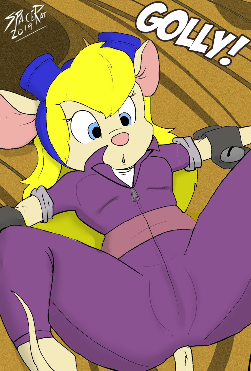 2019 blonde_hair blue_eyes breasts chip_'n_dale_rescue_rangers clothed clothing digital_media_(artwork) disney drspacerat eyewear female gadget_hackwrench goggles hair long_hair lying mammal mouse open_mouth restraints rodent solo
