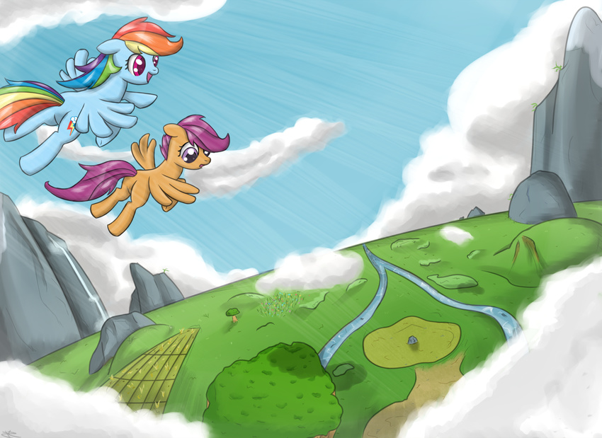 cloud clouds cub cutie_mark equine female feral flying friendship_is_magic fur hasbro mammal my_little_pony pegasus rainbow_dash_(mlp) scootaloo_(mlp) sky speccysy wings young