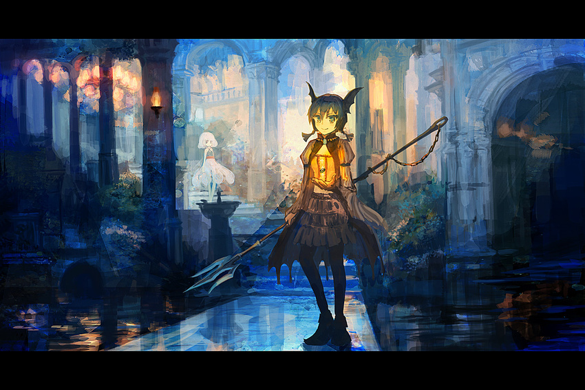 arch blue_hair chandelier color_contrast column hatoya_hato head_wings letterboxed multiple_girls original pillar polearm short_hair smile stairs trident weapon white_hair