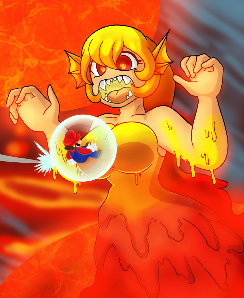 2019 alternate_species animal_humanoid big_breasts blonde_hair breasts clothed clothing detailed_background digital_drawing_(artwork) digital_media_(artwork) dragon_humanoid duo female glowing hair hi_res humanoid humanoidized larger_female lava magmaargh male mammal mario mario_bros nintendo open_mouth red_eyes scalie sharp_teeth size_difference smaller_male super_mario_galaxy teeth tongue video_games yoshimister