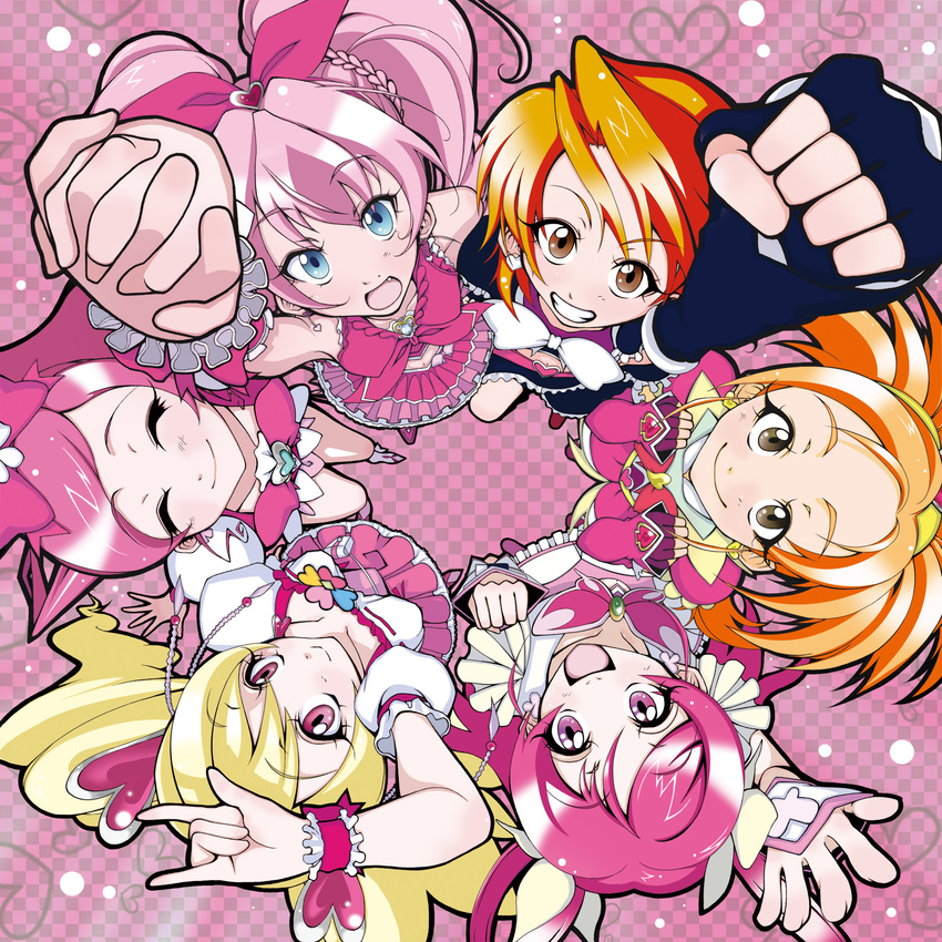 7th_sense \m/ ^_^ blonde_hair blue_eyes bow brown_eyes brown_hair circle_formation closed_eyes color_connection cure_black cure_bloom cure_blossom cure_dream cure_melody cure_peach dress eyelashes fresh_precure! from_above futari_wa_precure futari_wa_precure_splash_star hair_ornament hair_rings hanasaki_tsubomi heart heart_hair_ornament heartcatch_precure! highres houjou_hibiki hyuuga_saki long_hair magical_girl misumi_nagisa momozono_love multiple_girls pink pink_bow pink_eyes pink_hair precure precure_all_stars short_hair smile suite_precure twintails yes!_precure_5 yumehara_nozomi