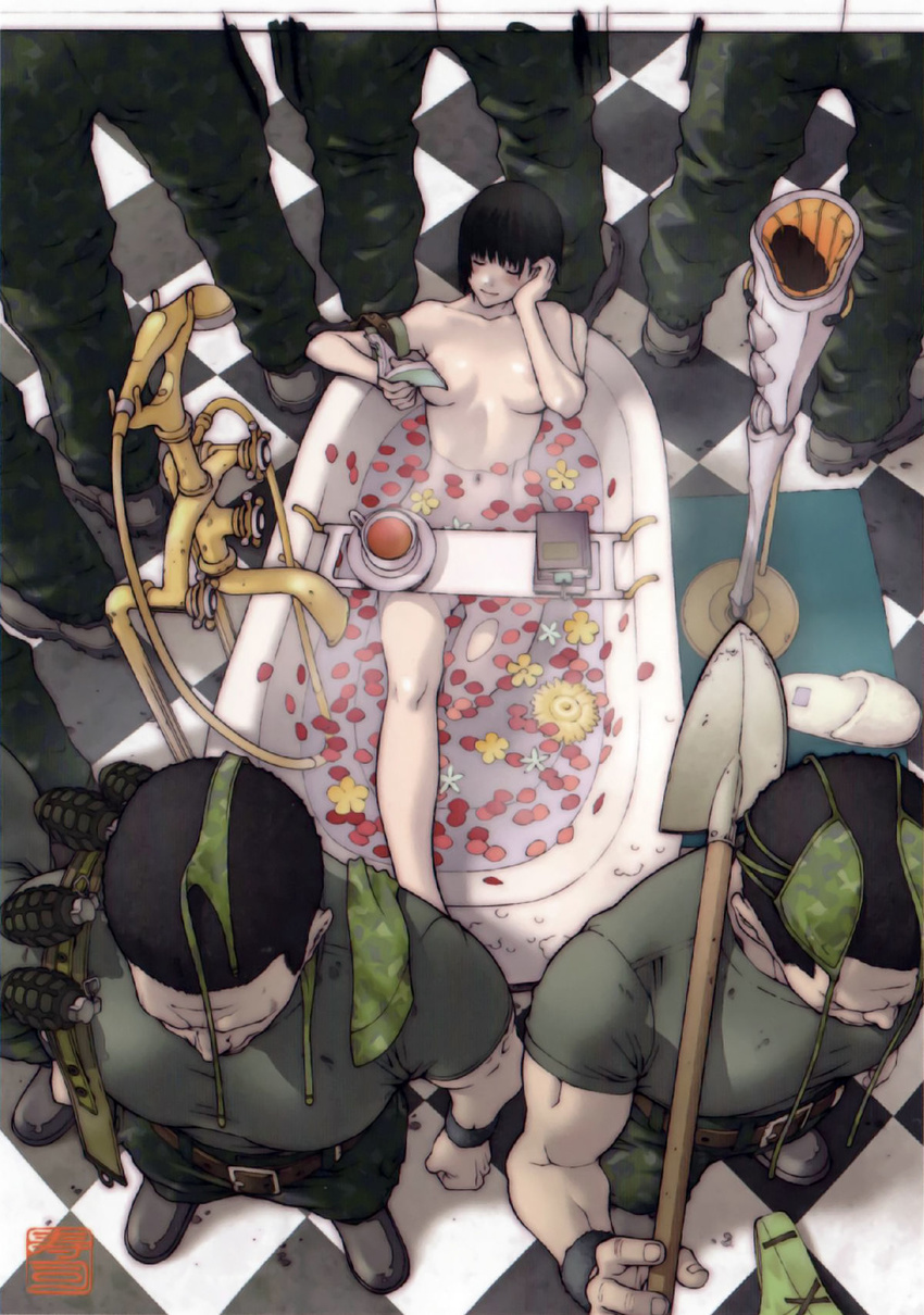 1girl amputee bath bathtub black_hair bra breasts grasshopper_manufacture highres holly_summers holy_summers kotobuki_tsukasa no_more_heroes nude panties prosthesis short_hair underwear