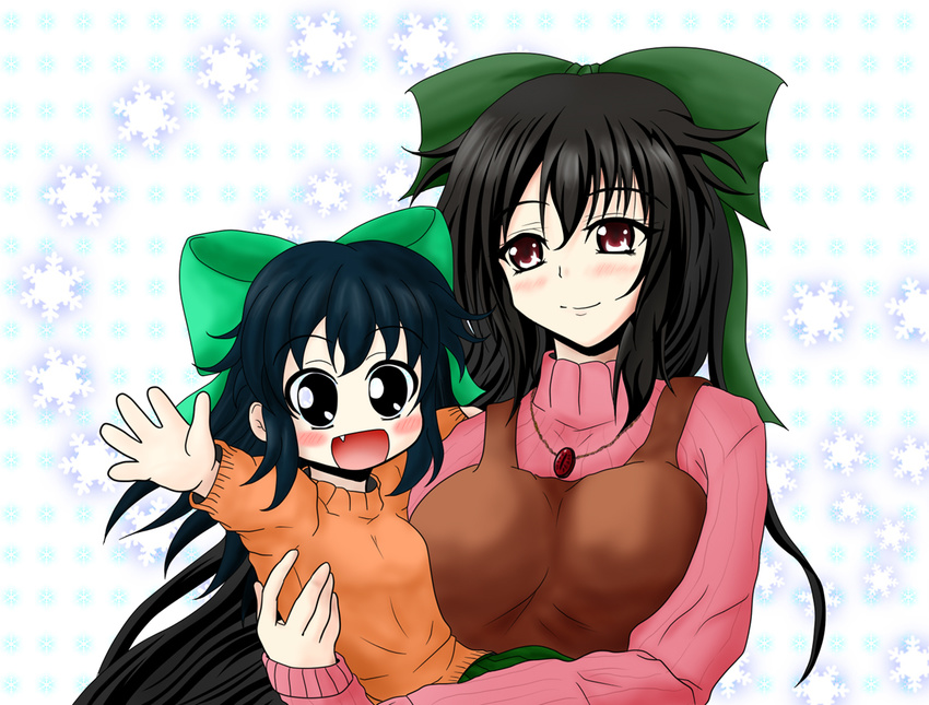 azumax black_hair blue_hair blush bow carrying child child_carry contemporary fang green_bow hair_bow happy jewelry kokuu_haruto long_hair mature mother_and_daughter motherly multiple_girls necklace open_mouth orange_sweater original red_eyes reiuji_utsuho ribbon smile snowflakes sweater touhou very_long_hair waving younger