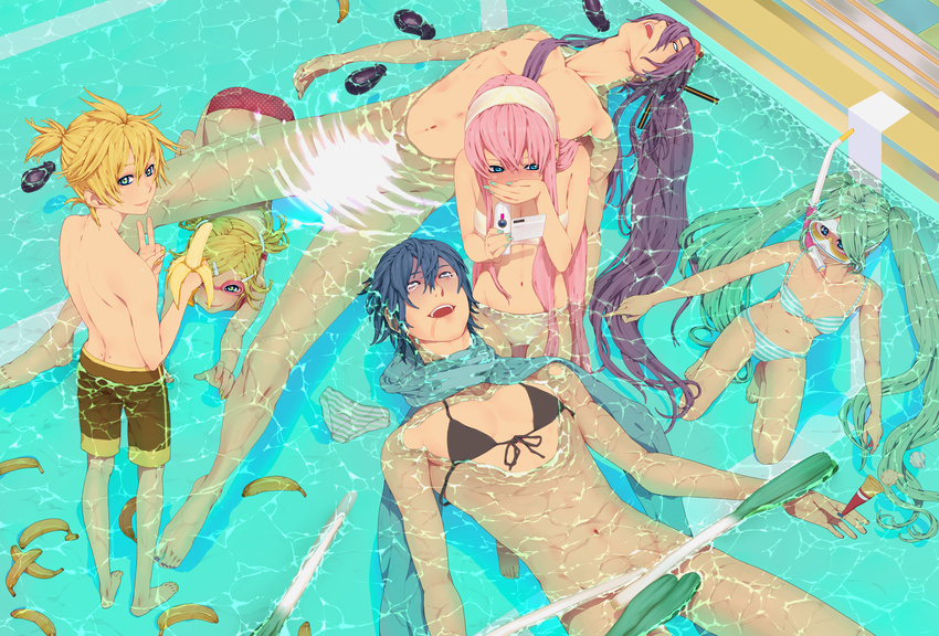 3girls aqua_eyes aqua_hair banana bikini_top blonde_hair blue_eyes blush camcorder censored convenient_censoring eggplant food from_above fruit goggles hatsune_miku heterochromia highres ice_cream kagamine_len kagamine_rin kaito kamui_gakupo long_hair megurine_luka multiple_boys multiple_girls nail_polish nayu nude panties partially_submerged pink_hair pool purple_hair saliva short_hair smile spring_onion striped striped_panties swimming tears toenail_polish twintails underwear v vocaloid water