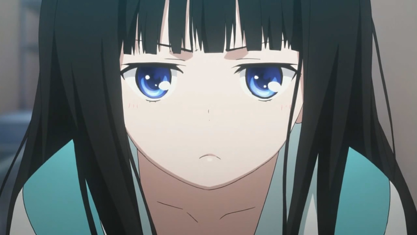 :&lt; black_hair blue_eyes child kamisama_no_memochou long_hair screencap shionji_yuuko solo